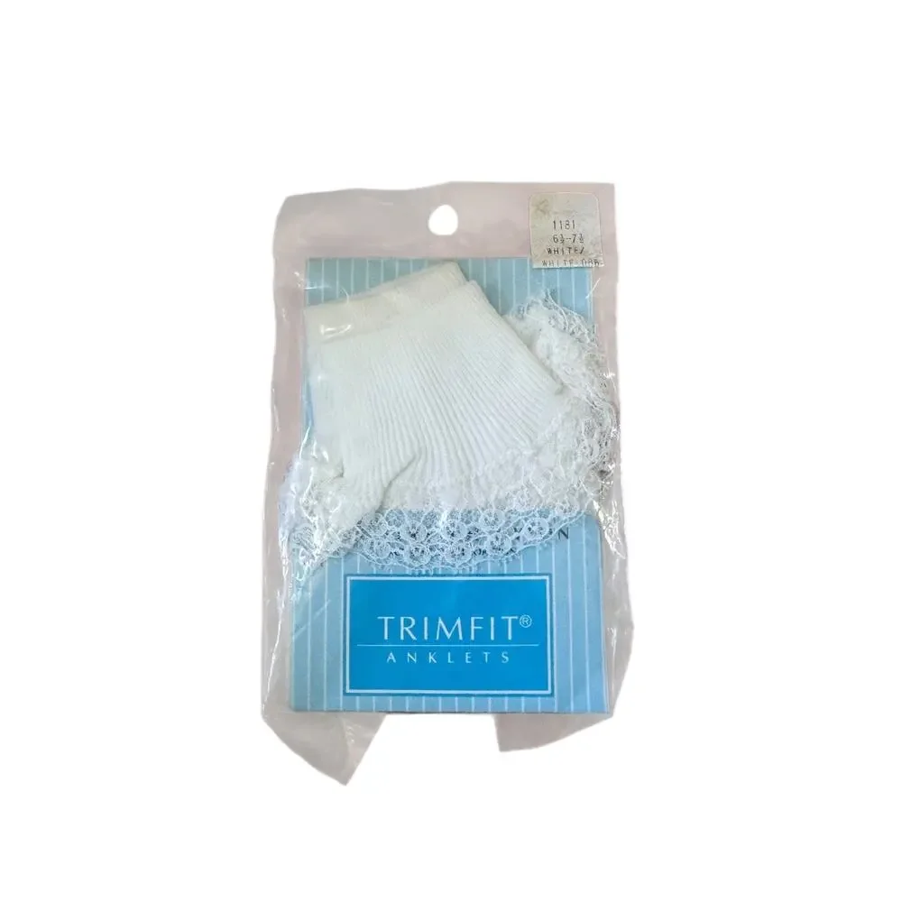 VTG Trimfit Girls White‎ Lace Anklet Socks NIP Sz 6½–7½ Nylon Made in USA
